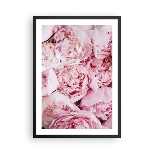 Pôster com moldura preta - Um close-up de delicadas peônias rosas em plena floração - 50x70cm - Aconchego e perfume - Decoração de parede moderna para a sala de estar e quarto ARTTOR