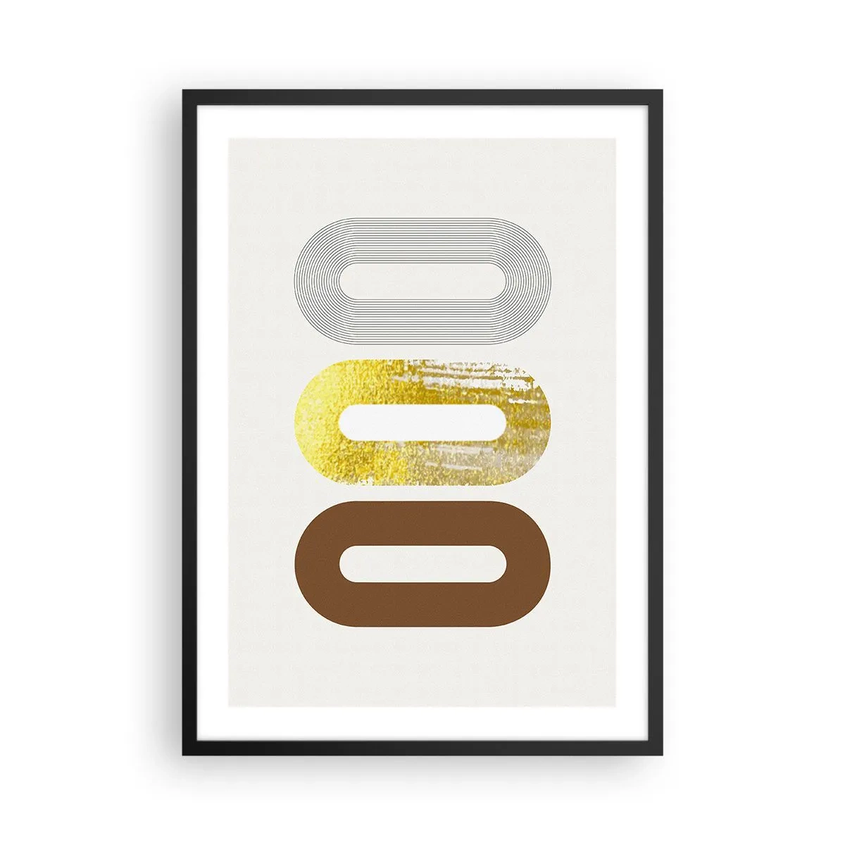 Pôster com moldura preta - Formas geométricas em tons de dourado, marrom e cinza - 50x70cm - Uuu! - Decoração de parede moderna para a sala de estar e quarto ARTTOR