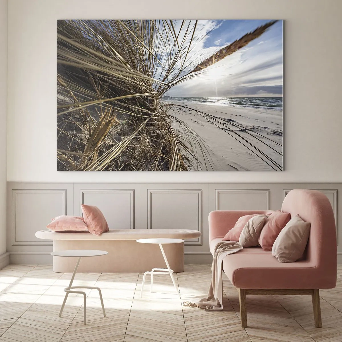 Quadro em vidro - Grama dourada tendo como pano de fundo uma praia de areia e o mar - 70x50cm - Reunião dos rlementos da natureza - Decoração de parede moderna para a sala de estar e quarto ARTTOR