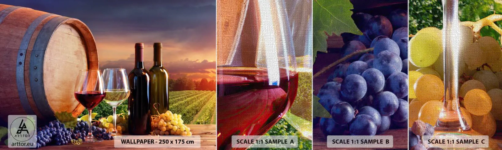Amostra de papel de parede Premium Canvas - Aqui a vida tem um sabor - Vinhedo, Barril de vinho, Uva - 100x30 cm