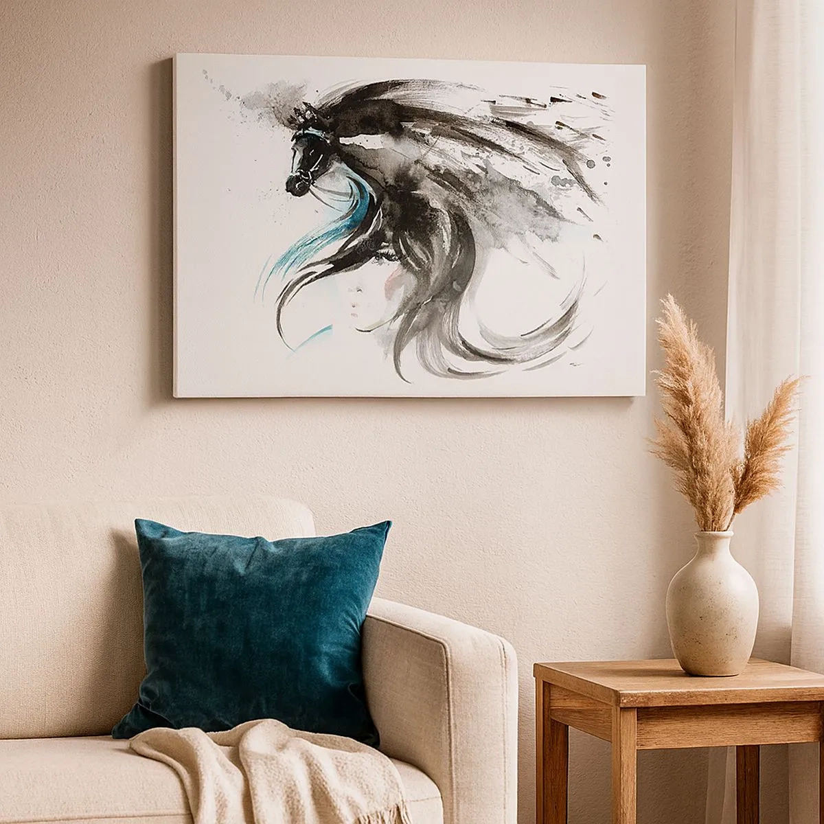 Quadro em tela - Uma mulher e um cavalo em uma aquarela mística cheia de dinâmica - 70x50cm - O galope do Príncipe Negro - Decoração de parede moderna para a sala de estar e quarto ARTTOR