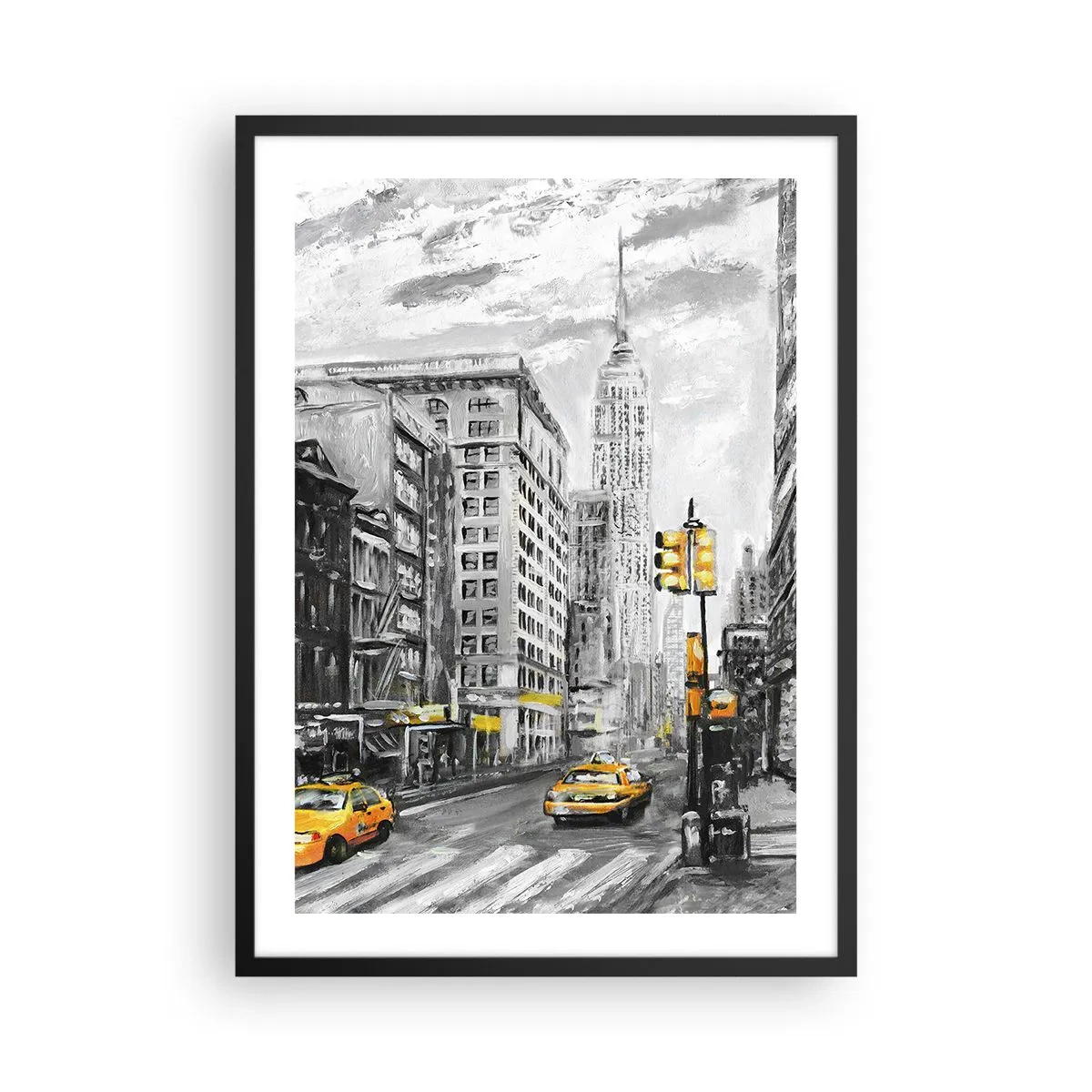 Pôster com moldura preta - Uma rua de Nova York com táxis amarelos ao fundo - 50x70cm - Um conto de Nova Iorque - Decoração de parede moderna para a sala de estar e quarto ARTTOR