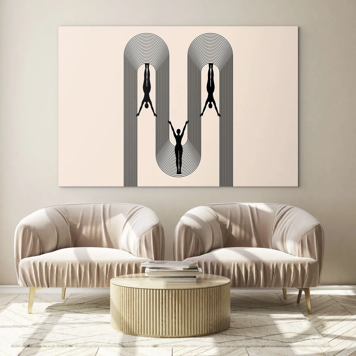 Quadro em vidro - Silhuetas negras de figuras suspensas em arcos rítmicos - 70x50cm - De cabeça para baixo - Decoração de parede moderna para a sala de estar e quarto ARTTOR