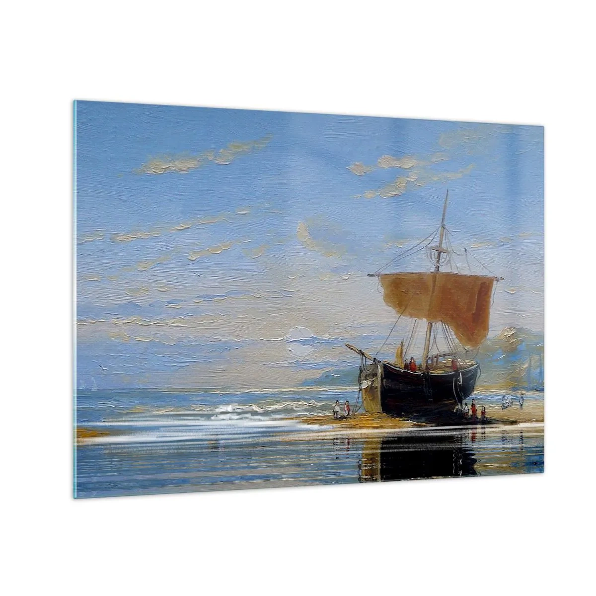 Quadro em vidro - Um navio com uma vela na costa em estilo pictórico - 70x50cm - Água, terra, ar - Decoração de parede moderna para a sala de estar e quarto ARTTOR