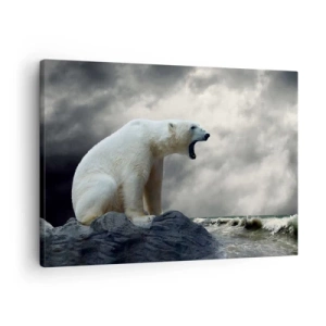 Quadro em tela - Um urso polar nas rochas acima de um mar tempestuoso - 70x50cm - O Rei Solitário do Ártico - Decoração de parede moderna para a sala de estar e quarto ARTTOR