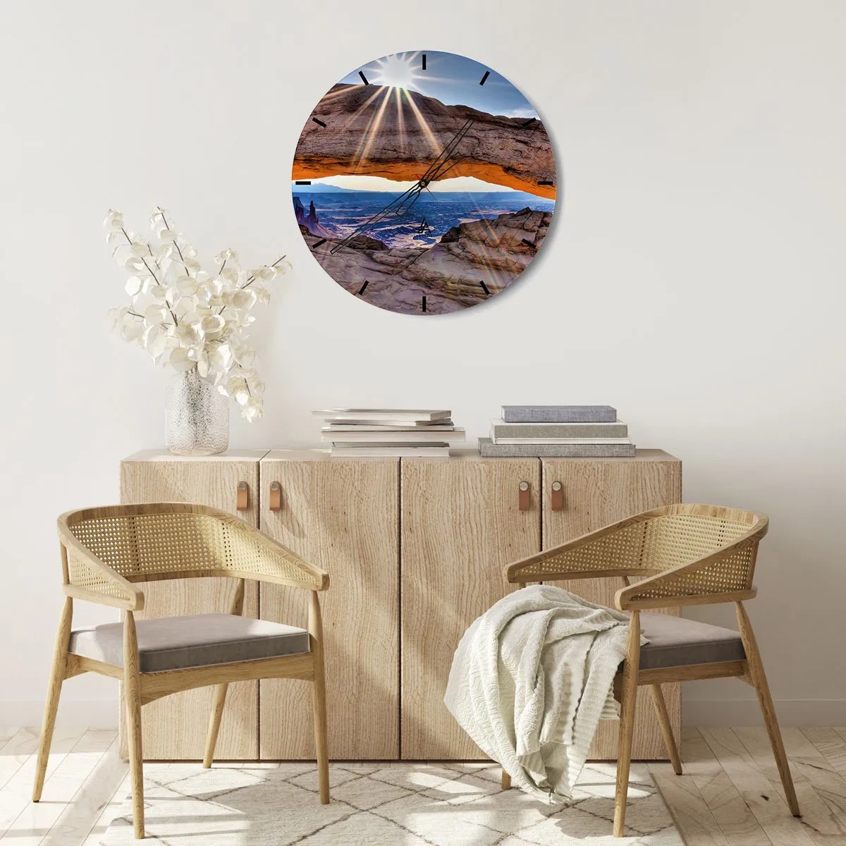 Relógio de parede - Relógio em vidro - Um arco de rocha natural iluminado pelos raios do sol - 30x30cm - Através do portão de pedra - Decoração de parede moderna para a sala de estar, cozinha e quarto ARTTOR