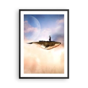 Pôster com moldura preta - Uma pintura surreal de uma mulher cavalgando uma baleia entre as nuvens. - 50x70cm - Uma viagem surreal - Decoração de parede moderna para a sala de estar e quarto ARTTOR