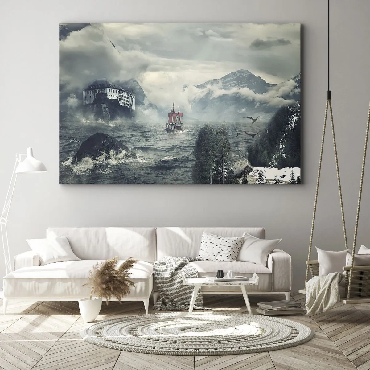 Quadro em tela - Uma paisagem misteriosa com um castelo, montanhas e um navio - 70x50cm - Nas águas mágicas - Decoração de parede moderna para a sala de estar e quarto ARTTOR