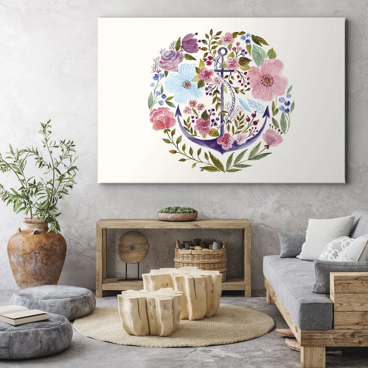 Quadro em tela - Uma âncora cercada por flores em aquarela sobre um fundo claro - 70x50cm - O bom sonho de um marinheiro - Decoração de parede moderna para a sala de estar e quarto ARTTOR