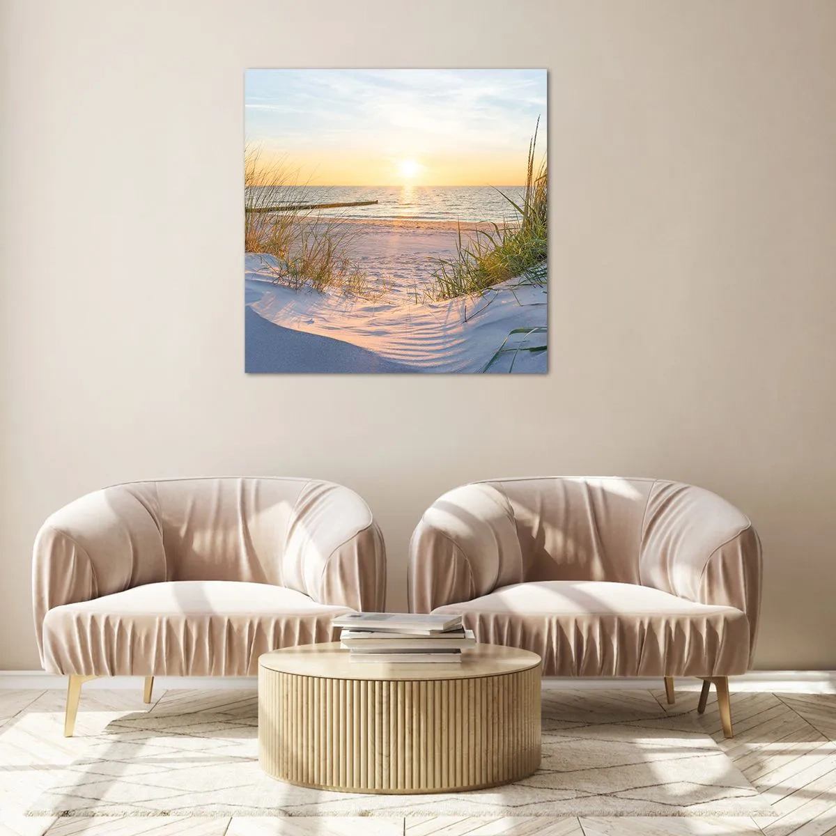 Quadro em vidro - O som do mar, o canto dos pássaros, a praia selvagem entre a relva... - 50x50 cm