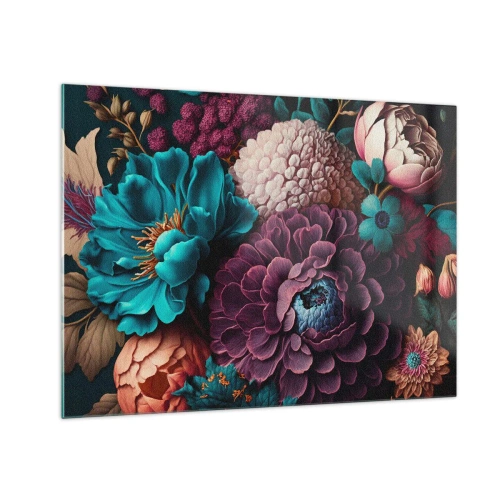 Quadro em vidro - Uma rica composição de flores em cores intensas - 70x50cm - Natureza em abundância - Decoração de parede moderna para a sala de estar e quarto ARTTOR
