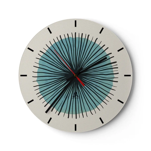 Relógio de parede - Relógio em vidro - Motivo abstrato com um círculo azul e linhas pretas - 30x30cm - Radiante sobre o azul - Decoração de parede moderna para a sala de estar, cozinha e quarto ARTTOR