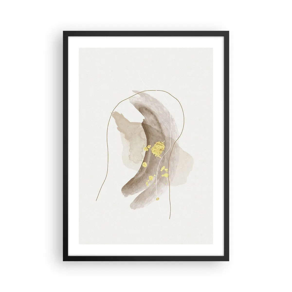 Pôster com moldura preta - Um padrão abstrato em bege com delicados detalhes dourados. - 50x70cm - Encontrado no espaço - Decoração de parede moderna para a sala de estar e quarto ARTTOR