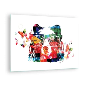 Quadro em vidro - Urso colorido com óculos no estilo pop art com tema musical - 70x50cm - Urso da moda - Decoração de parede moderna para a sala de estar e quarto ARTTOR