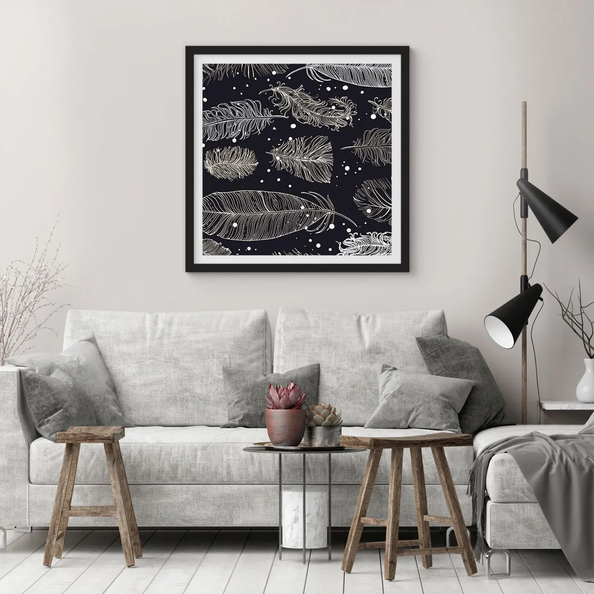 Pôster com moldura preta - Rendas de penas - 50x50 cm