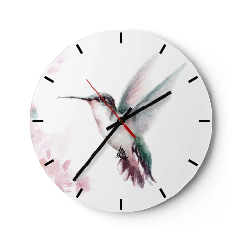 Relógio de parede - Relógio em vidro - Uma delicada pintura em aquarela de um beija-flor em voo - 30x30cm - Preso em agitação - Decoração de parede moderna para a sala de estar, cozinha e quarto ARTTOR
