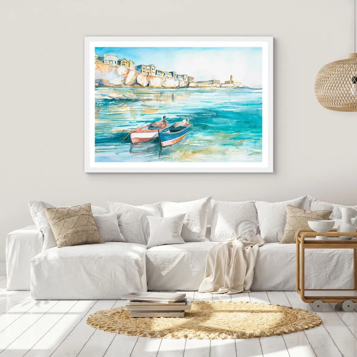 Pôster em moldura branca - Paisagem em azul - 70x50 cm