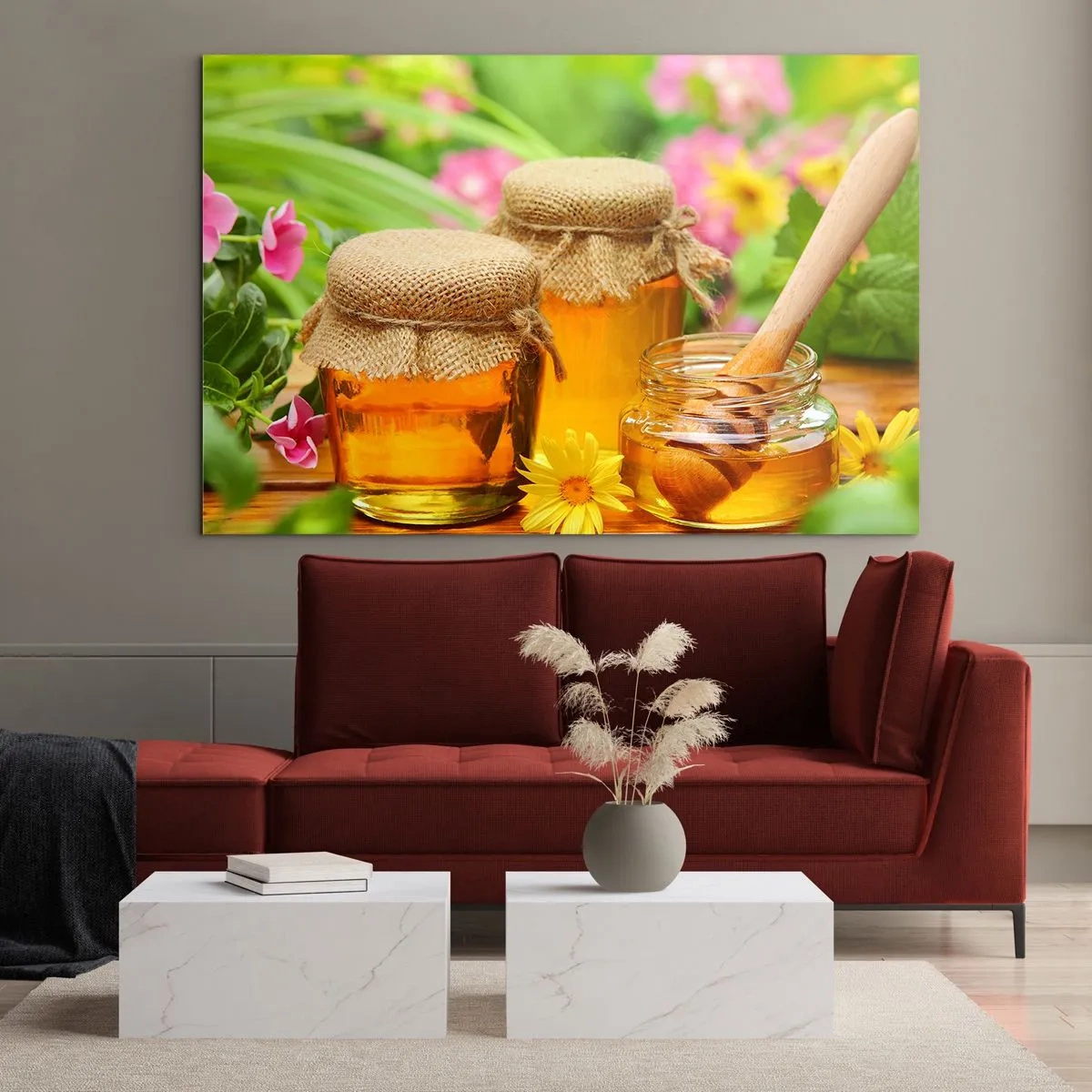 Quadro em vidro - Potes de mel em um fundo de flores no jardim - 70x50cm - Doce e floral - Decoração de parede moderna para a sala de estar e quarto ARTTOR