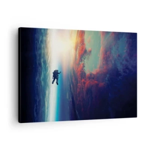 Quadro em tela - Um astronauta flutuando no espaço acima de uma Terra colorida - 70x50cm - Enfrentando o universo - Decoração de parede moderna para a sala de estar e quarto ARTTOR