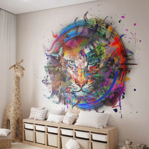 Papel de Parede Premium Canvas - À espreita atrás do véu arco-íris - Abstração, Tigre, Gráficos - 200x140 cm