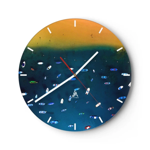Relógio de parede - Relógio em vidro - Vista aérea de barcos na água azul escura - 30x30cm - Jogo de férias - Decoração de parede moderna para a sala de estar, cozinha e quarto ARTTOR