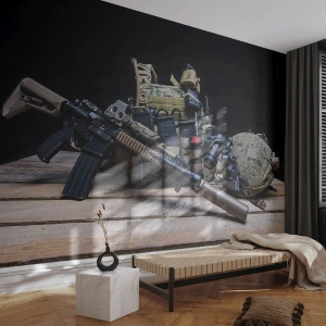 Papel de Parede Standard Eco - Equipamento de combate tático com rifle e capacete - 100x70cm - Descanse! - Decoração de parede moderna para a sala de estar e quarto ARTTOR
