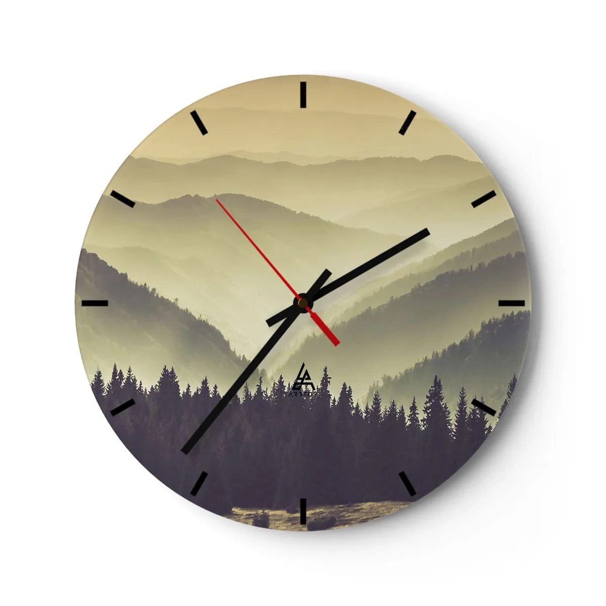 Relógio de parede - Relógio em vidro - Colinas arborizadas com vista para uma paisagem enevoada - 30x30cm - Atrás das sete montanhas... - Decoração de parede moderna para a sala de estar, cozinha e quarto ARTTOR