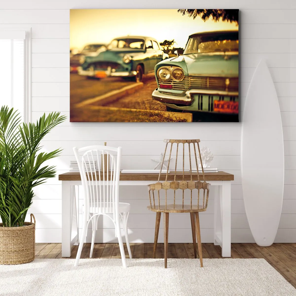 Quadro em tela - Carros clássicos na luz quente do pôr do sol - 70x50cm - Vamos esperar para ver - Decoração de parede moderna para a sala de estar e quarto ARTTOR