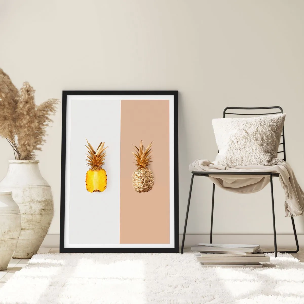 Pôster com moldura preta - Uma composição minimalista de dois abacaxis - 50x70cm - Ananás para nós - Decoração de parede moderna para a sala de estar e quarto ARTTOR