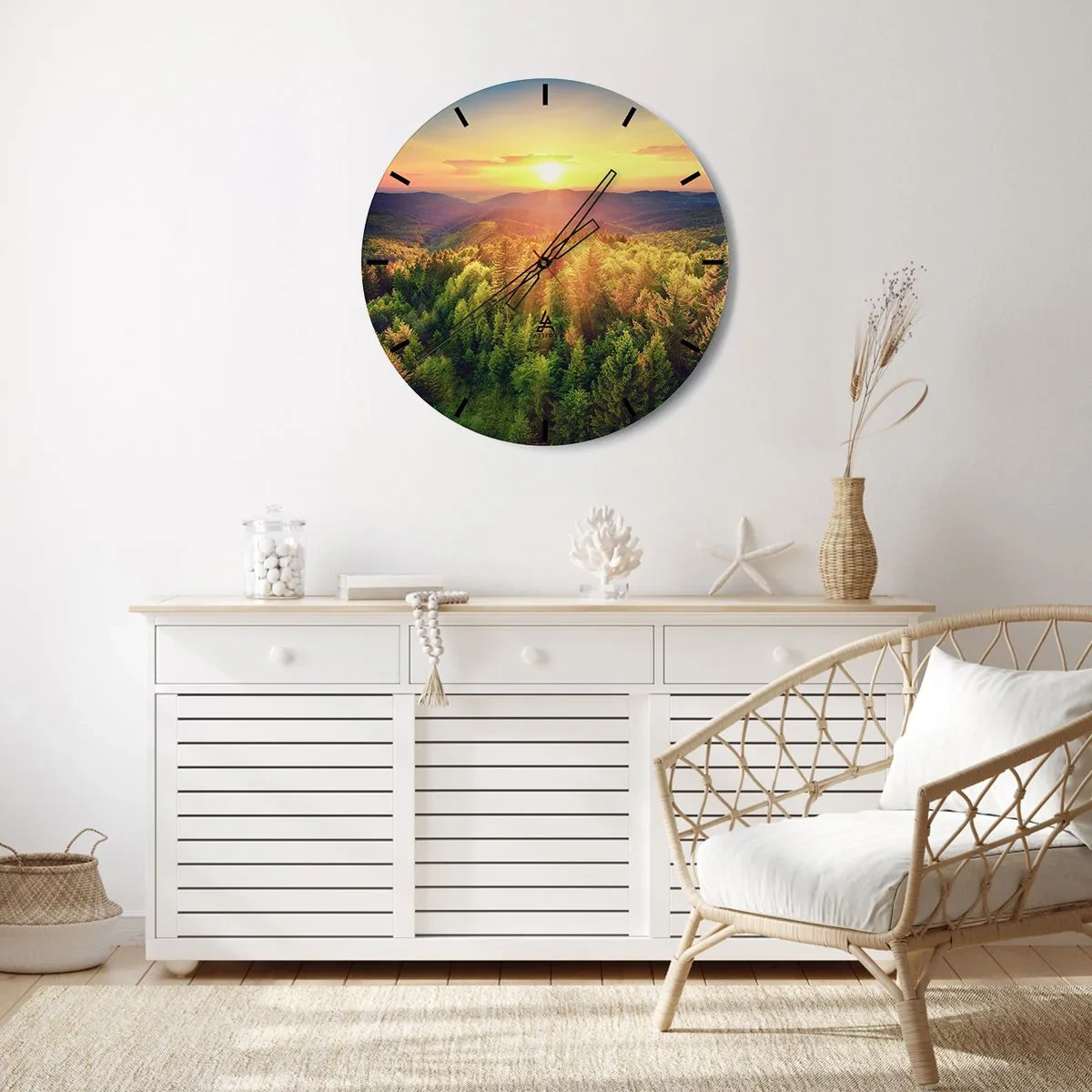 Relógio de parede - Relógio em vidro - Paisagem montanhosa com pôr do sol e florestas - 30x30cm - Picos e cumes - Decoração de parede moderna para a sala de estar, cozinha e quarto ARTTOR