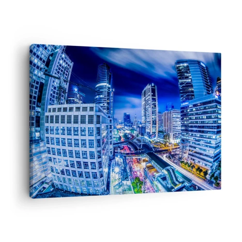 Quadro em tela - Panorama noturno da cidade com arranha-céus e postes de luz - 70x50cm - Ritmos da cidade noturna - Decoração de parede moderna para a sala de estar e quarto ARTTOR
