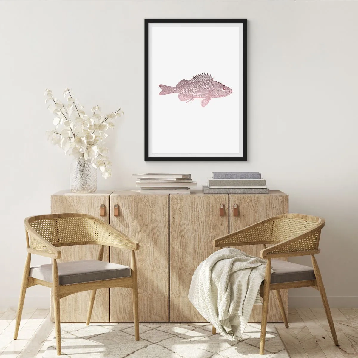Pôster com moldura preta - Gráfico de peixe em um fundo branco em um estilo minimalista - 50x70cm - Peixe de olhos grandes - Decoração de parede moderna para a sala de estar e quarto ARTTOR