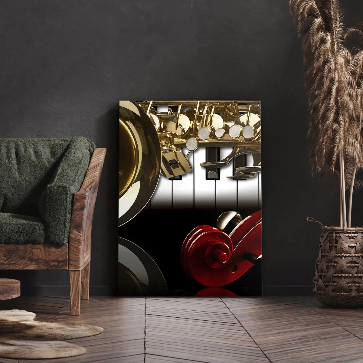 Quadro em tela - Metal, madeira e marfim - 65x120 cm