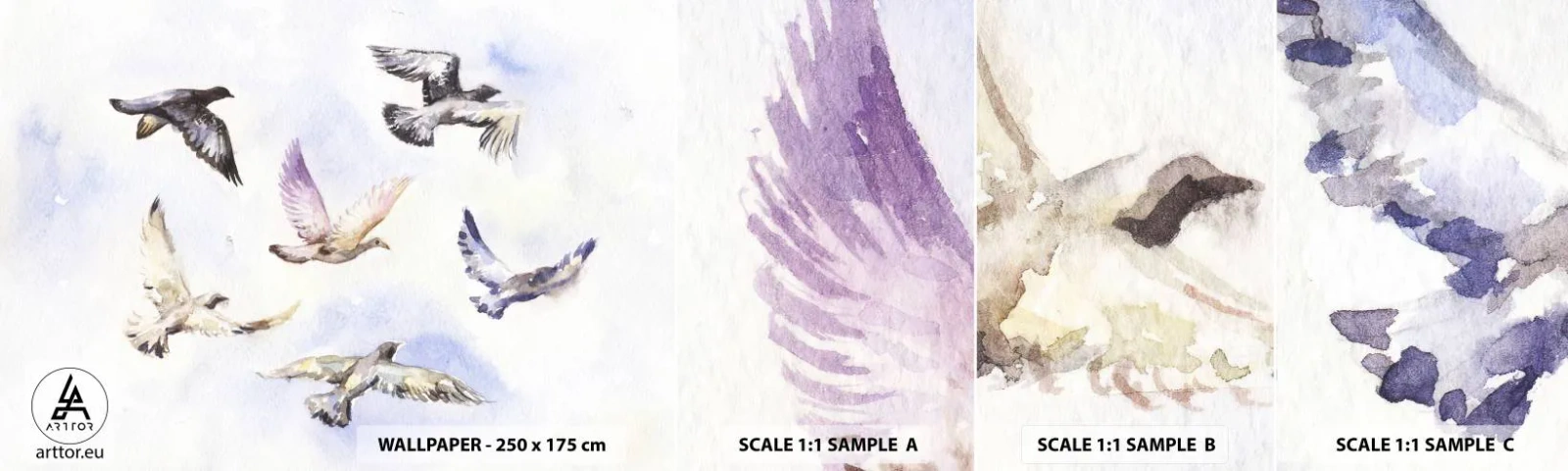 Amostra de papel de parede autocolante Deluxe Sticker - Liberdade em cinza e azul - Pássaros, Gráficos, Pedaço - 100x30 cm