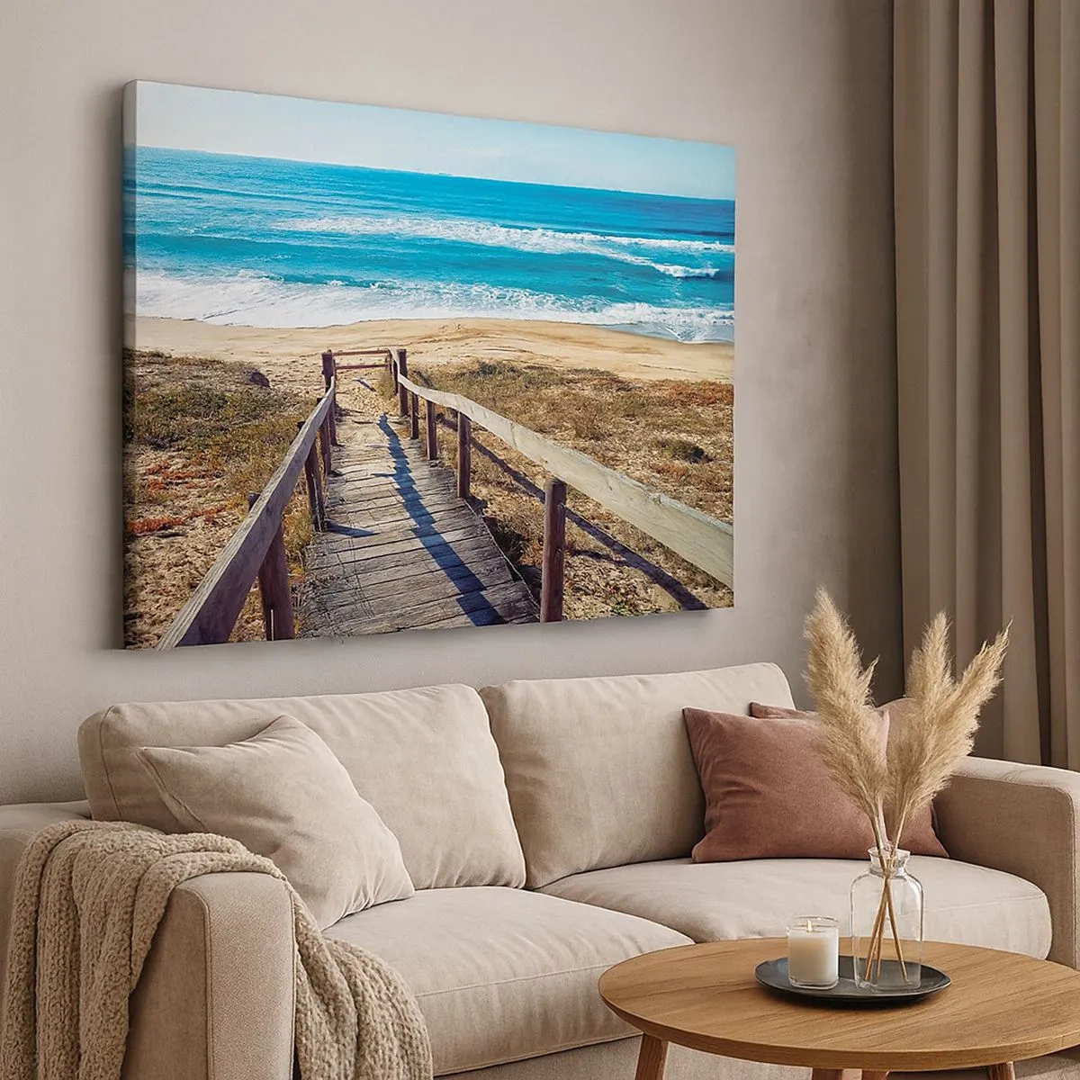 Quadro em tela - Caminho de madeira que leva à praia - 70x50cm - Corra! - Decoração de parede moderna para a sala de estar e quarto ARTTOR