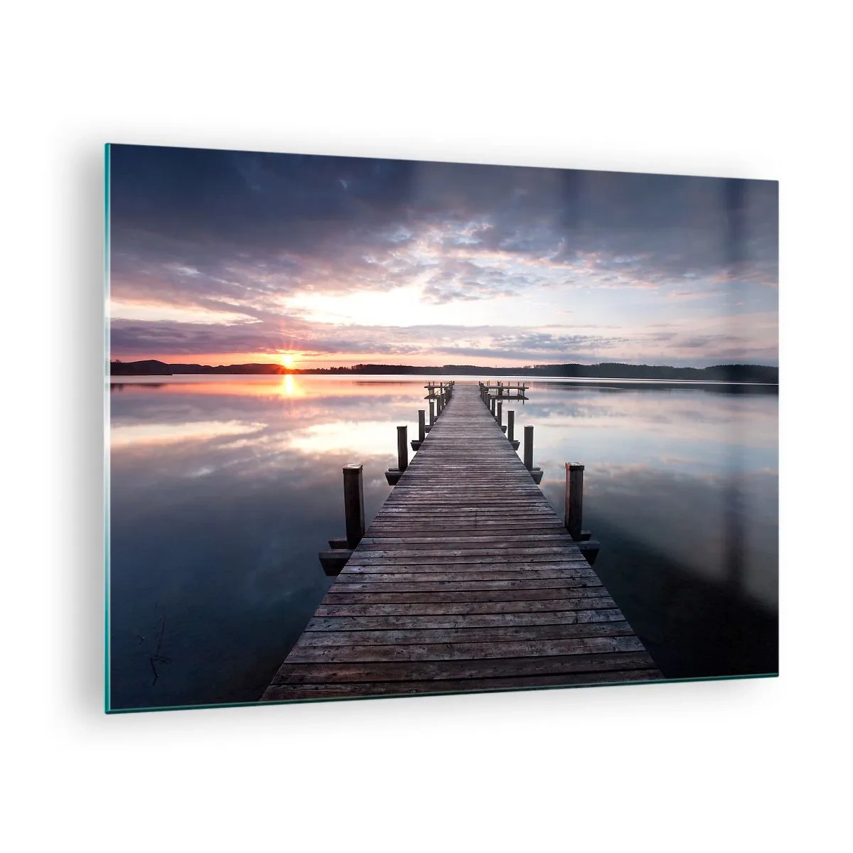 Quadro em vidro - Cais de madeira no lago ao pôr do sol - 70x50cm - A tranquila fronteira do dia e da noite - Decoração de parede moderna para a sala de estar e quarto ARTTOR