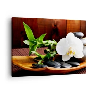 Quadro em tela - Orquídea branca com bambu sobre fundo de pedra em estilo zen - 70x50cm - Renda-se ao toque da natureza - Decoração de parede moderna para a sala de estar e quarto ARTTOR