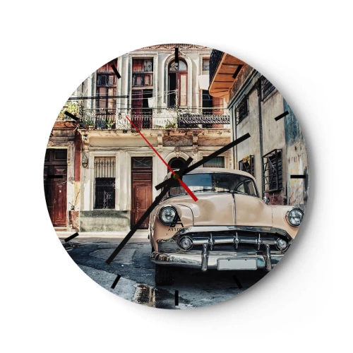 Relógio de parede - Relógio em vidro - Carro retrô no contexto da arquitetura antiga - 30x30cm - Siesta em Havana - Decoração de parede moderna para a sala de estar, cozinha e quarto ARTTOR