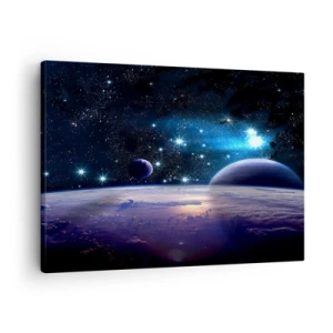 Quadro em tela - Uma visão do espaço sideral com planetas e estrelas - 70x50cm - Ainda sozinhos? - Decoração de parede moderna para a sala de estar e quarto ARTTOR