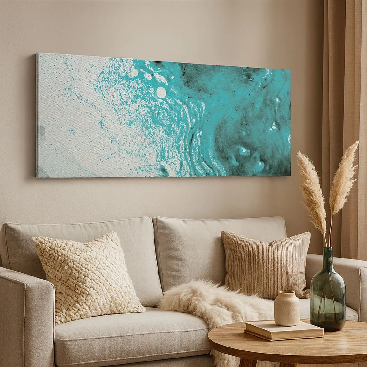 Quadro em tela - Derreter a branco e turquesa - 100x40 cm