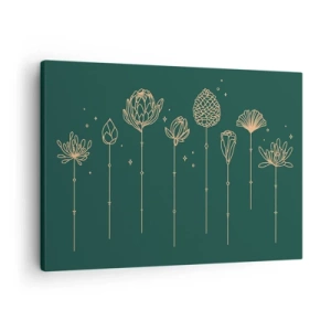 Quadro em tela - Desenhos dourados de ervas sobre fundo verde escuro - 70x50cm - A família RAMOS - Decoração de parede moderna para a sala de estar e quarto ARTTOR