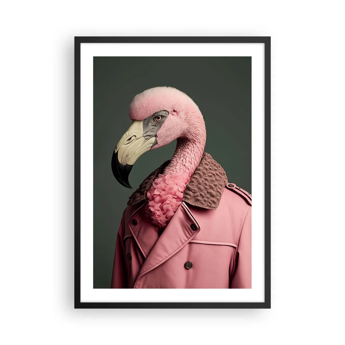 Pôster com moldura preta - Um flamingo estiloso com um casaco elegante - 50x70cm - Verdadeira elegância - Decoração de parede moderna para a sala de estar e quarto ARTTOR