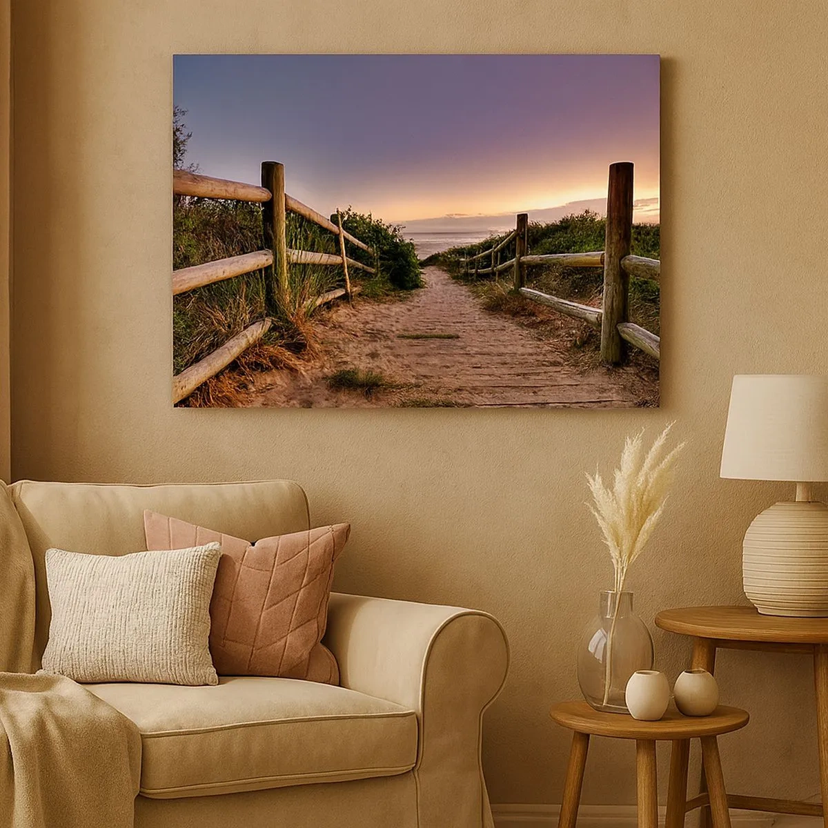 Quadro em tela - Caminho de madeira nas dunas que leva à praia ao pôr do sol - 70x50cm - O objetivo já está claro - Decoração de parede moderna para a sala de estar e quarto ARTTOR