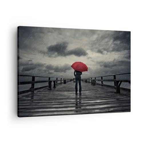 Quadro em tela - Uma pessoa com um guarda-chuva vermelho em um píer chuvoso - 70x50cm - Não faz mal que chova - Decoração de parede moderna para a sala de estar e quarto ARTTOR