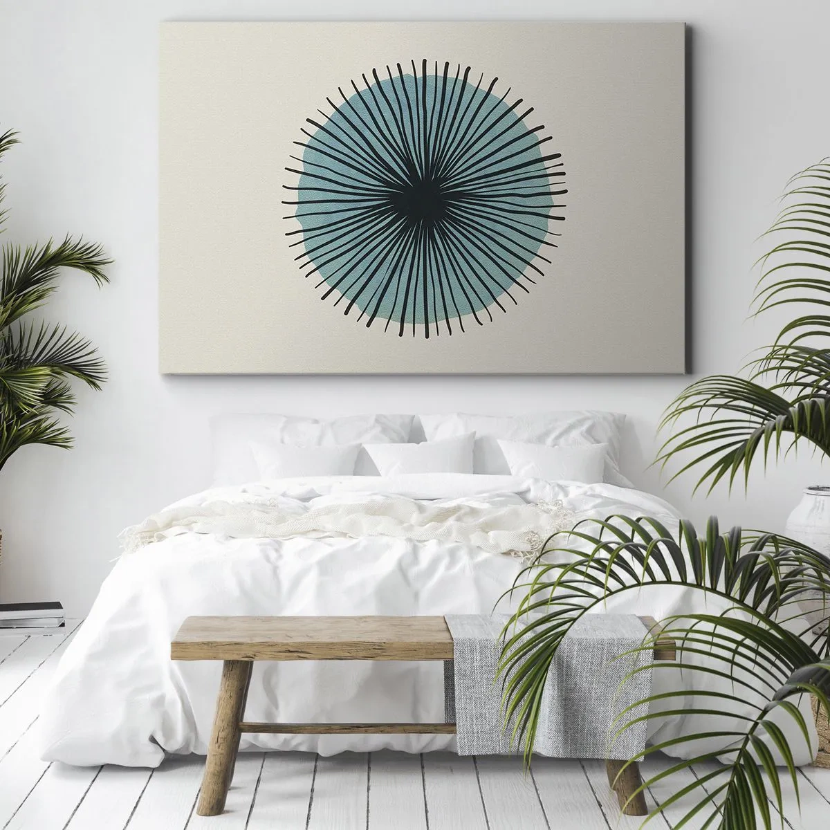 Quadro em tela - Forma circular abstrata com raios azuis - 70x50cm - Radiante sobre o azul - Decoração de parede moderna para a sala de estar e quarto ARTTOR