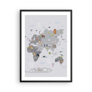 Pôster com moldura preta - Mapa-múndi com animais coloridos para crianças - 50x70cm - Diga-me de onde é... - Decoração de parede moderna para a sala de estar e quarto ARTTOR