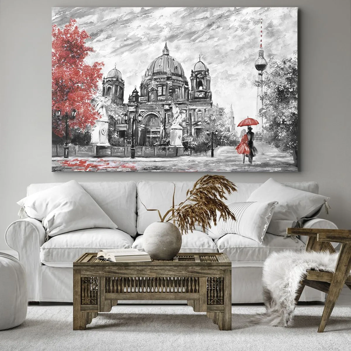 Quadro em tela - Cena em preto e branco com Berlim, um guarda-chuva vermelho e uma árvore - 70x50cm - Reunião em Berlim - Decoração de parede moderna para a sala de estar e quarto ARTTOR