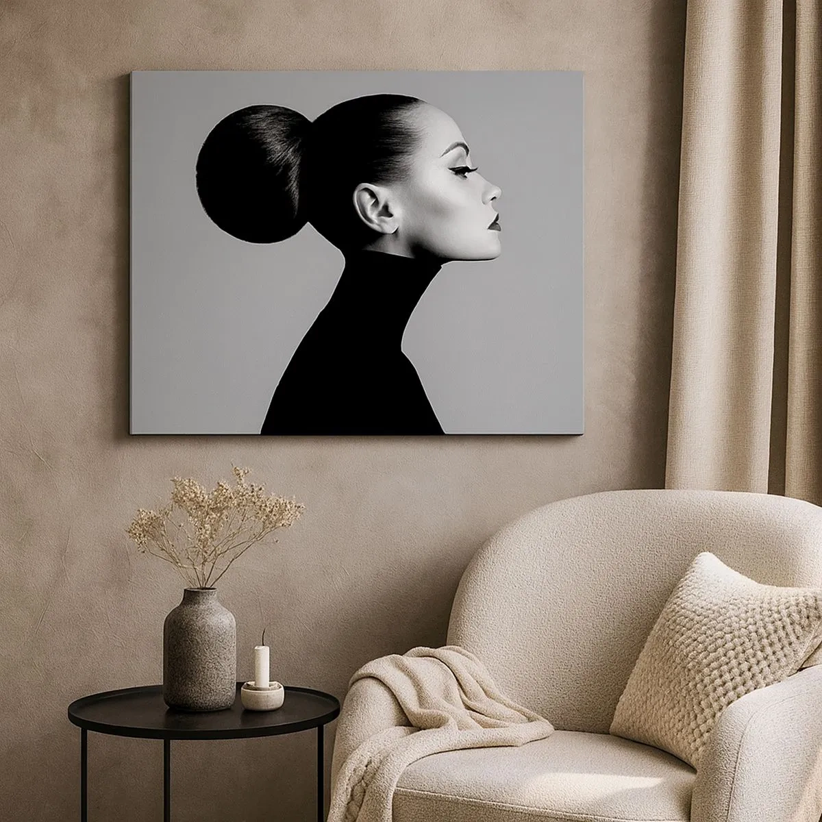 Quadro em tela - Perfil de uma mulher em preto e branco com um coque elegante - 70x50cm - Nefertiti moderna - Decoração de parede moderna para a sala de estar e quarto ARTTOR