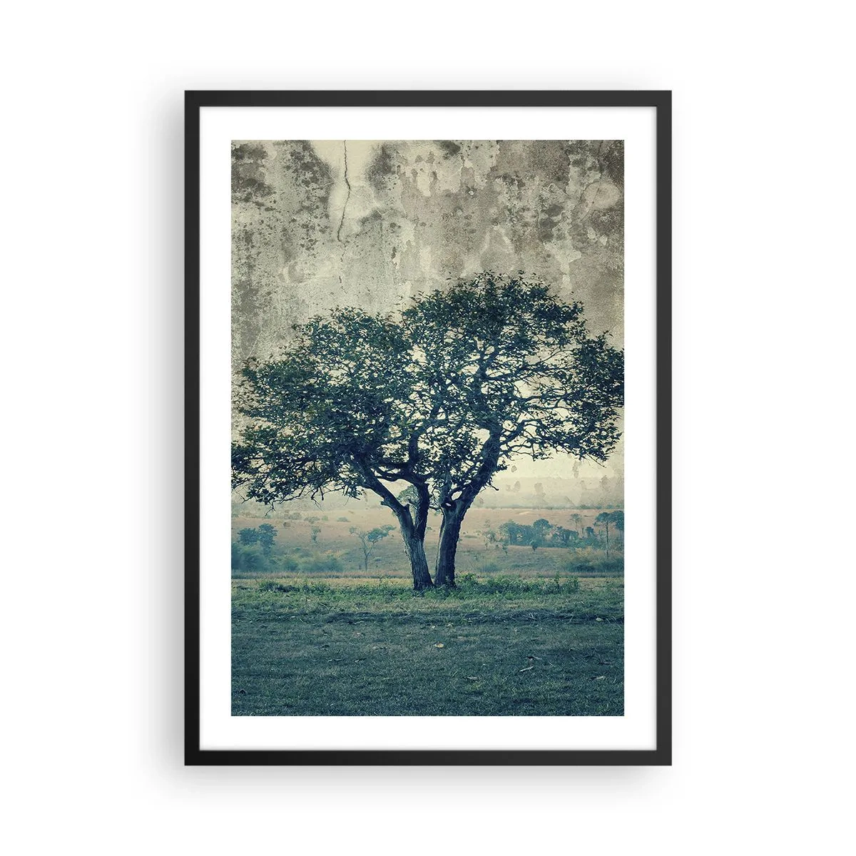 Pôster com moldura preta - Uma árvore solitária em uma paisagem rústica - 50x70cm - Uma macieira num prado azul? - Decoração de parede moderna para a sala de estar e quarto ARTTOR
