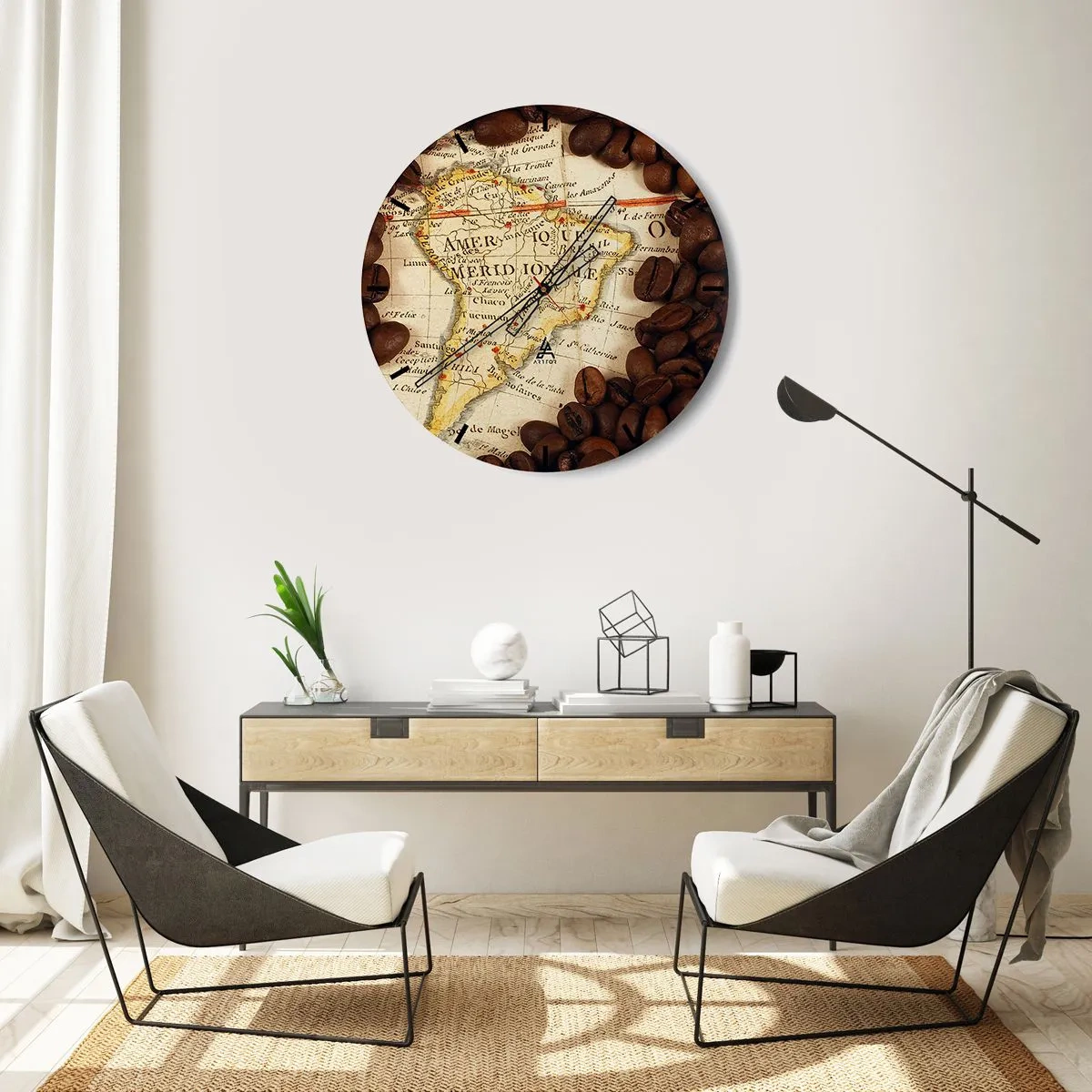 Relógio de parede - Relógio em vidro - Mapa da América do Sul com grãos de café - 30x30cm - De onde vem o melhor café? - Decoração de parede moderna para a sala de estar, cozinha e quarto ARTTOR